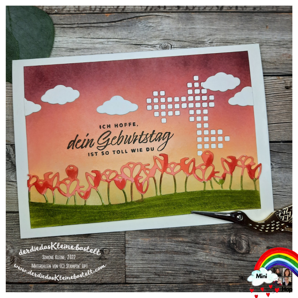 Komplette Geburtstagskarte mit "Sag's mit Tulpen" und Hintergrund mit den Blending Pinseln.